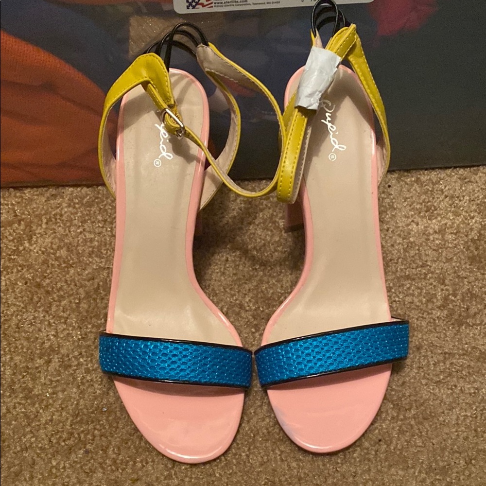 Qupid Yellow, Pink, and Blue Heels